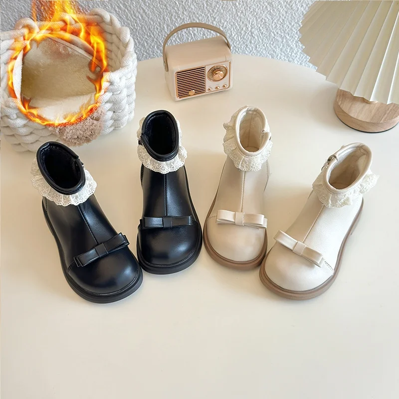 Botas informales para niños, zapatos de cuero PU con lazo de encaje, zapatos de invierno para niñas, cálidos, antideslizantes, con suela suave, zapatos blancos y negros, talla 23-35