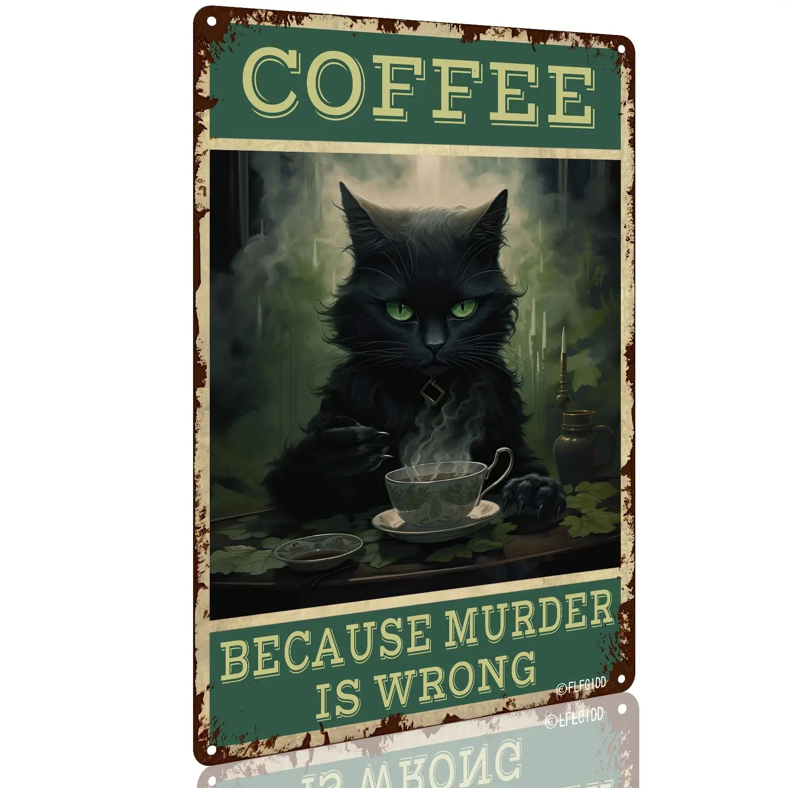 Vintage Cat Tin Sign - Coffee Because Murder Is Wrong Black Cat Tin Signs for Coffee Bar Coffee Shop Wall Decor 8 X 12 Inches