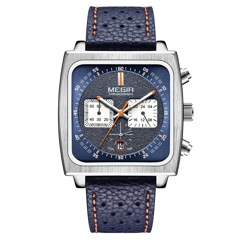 Square Quartz Watch Chronograph Series with Calendar 43.5mm Diameter 11mm Thickness Steel and Leather Strap 30 Meters Waterproof