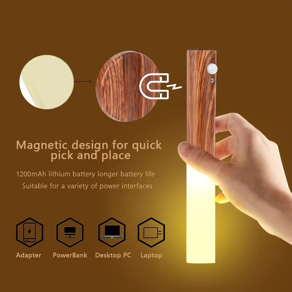 Creative Intelligent LED PIR Motion Sensor Night Light Rechargeable Magnetic Wood Wall Light Cabinet Lights for Bedroom Hallway