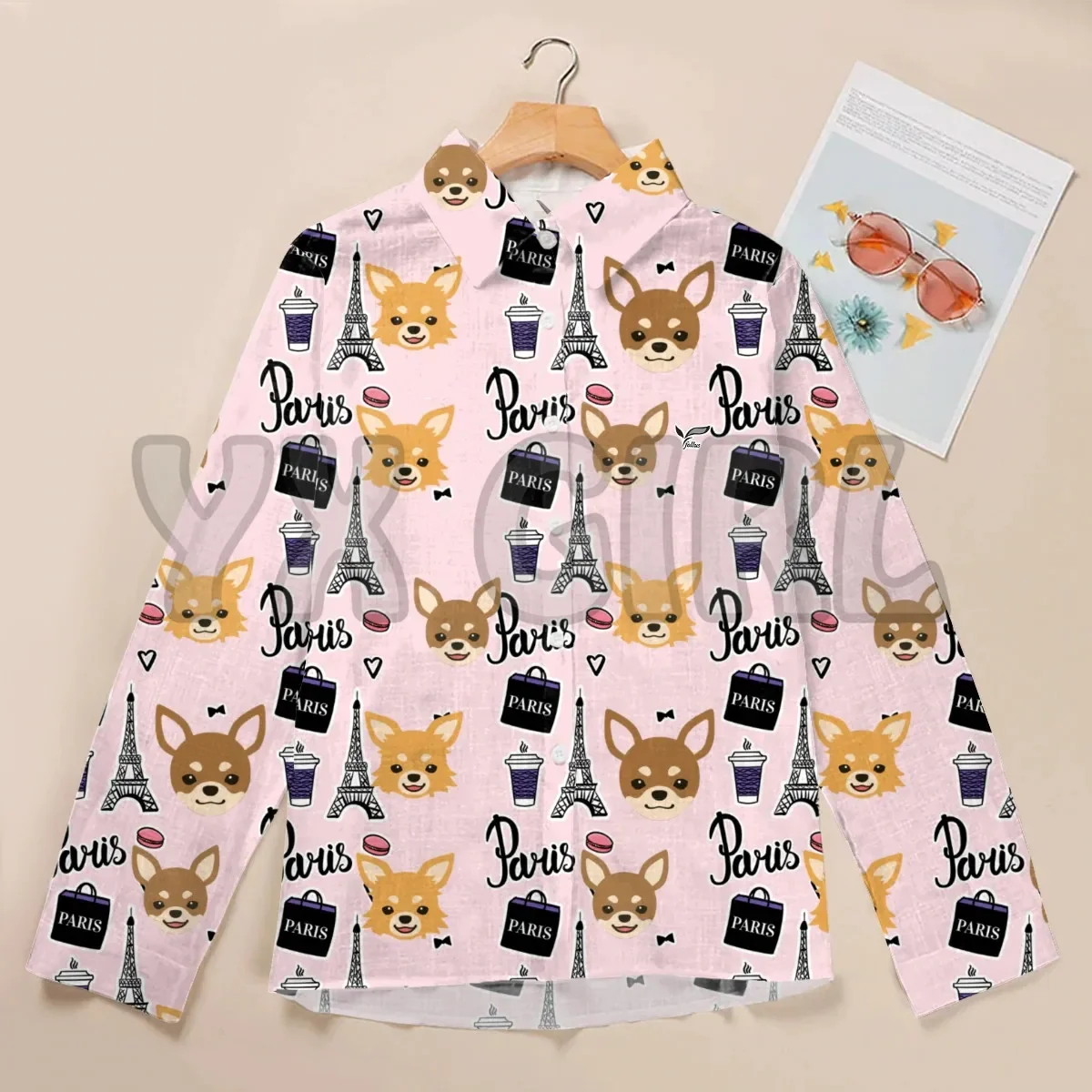 YX GIRL Paris And Cairn Terrier Women's Long-Sleeve Shirt 3D Printed Button-down Shirt Casual Unique Streewear