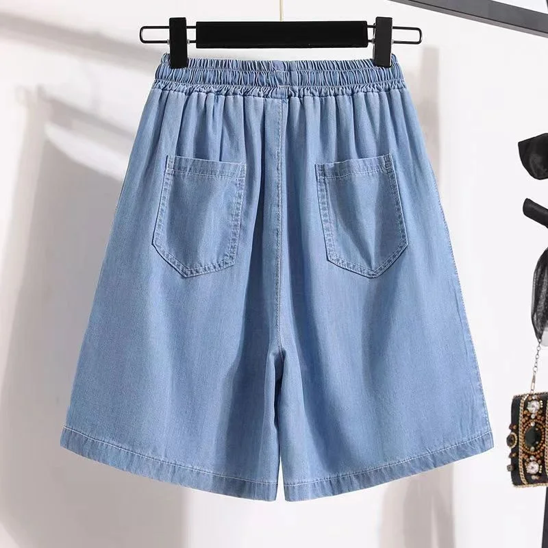 Calções finos de seda de gelo para mulheres Tencel Casual Shorts, perna larga solta, calças A-Line, roupas femininas, plus size S-5XL