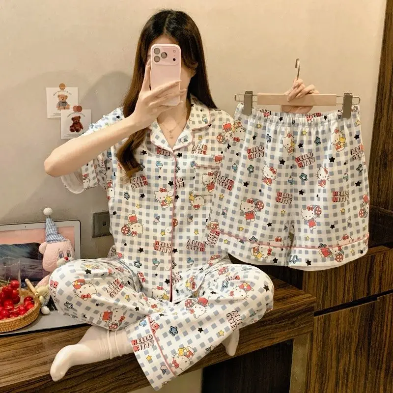 Sanrio Cute Pajamas 3 Piece Hello Kitty Pyjamas Pant Shorts Short Sleeve Sleepwear Summer Pijama Cartoon Nightwear Home Wears