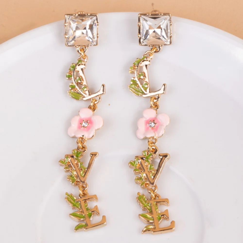 Cute Korean Letters LOVE Drop Earrings Fashion Flower Dangle Earrings For Women Jewelry Accessories Gifts