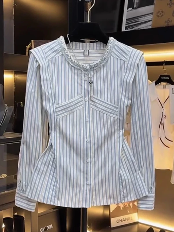 

Slim Fit Striped Color Blo Long Sve round Ne irt Women's Faionable Waist Cinching irt Autumn New Sle French Sle