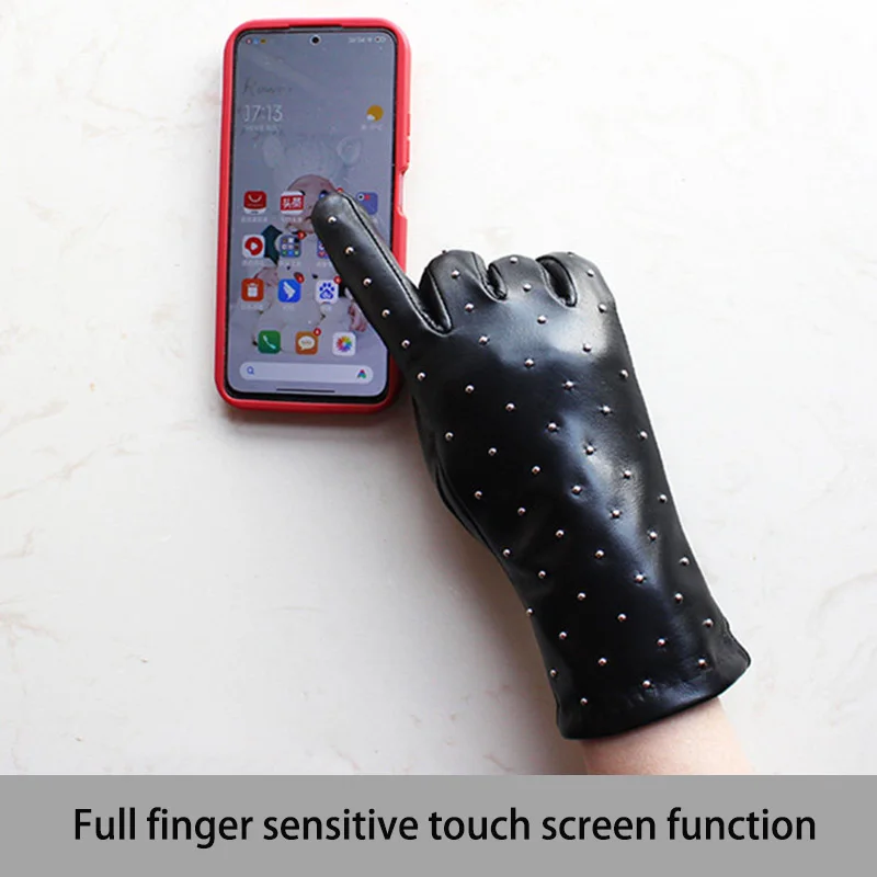 Women\'s Fashionable Sheepskin Leather Gloves Touch Screen Fingers Velvet Lining Warm Autumn Winter