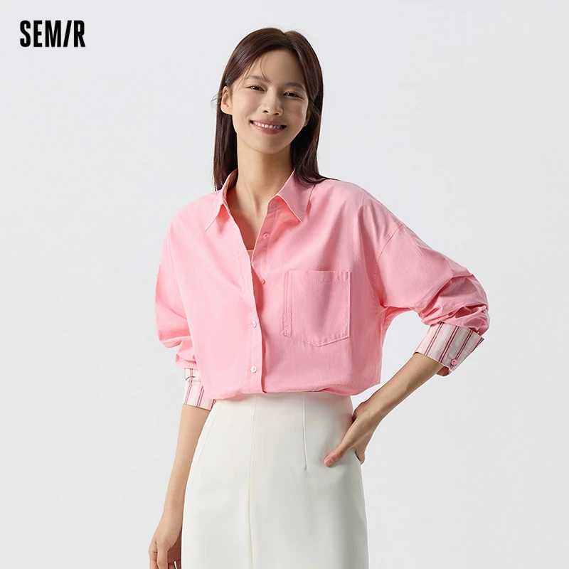 Semir 2024 Long-Sleeved Shirt Women Mid-Length Oversize Splicing Temperament Spring New Pure Cotton Shirts For Women