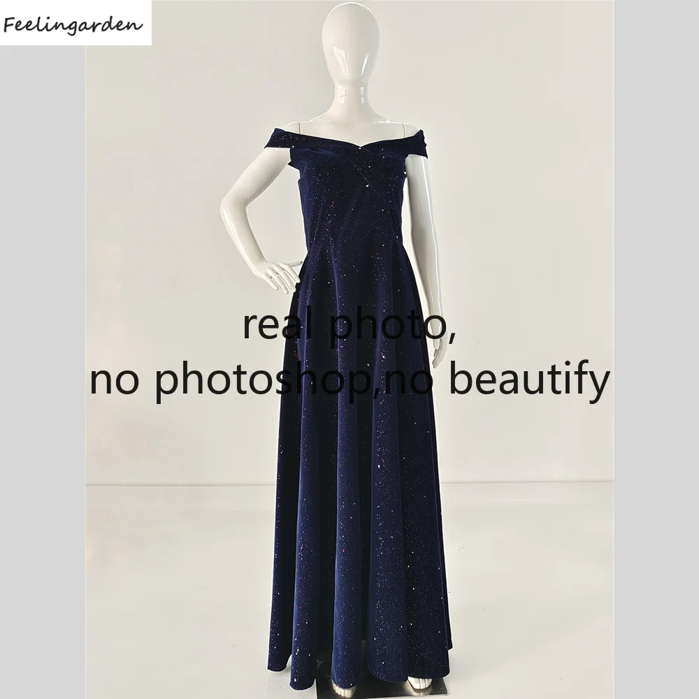 

It's Yiiya Real Photo Evening Dress Navy Blue Velvet Off the Shoulder Floor-Length Zipper Back A-Line Women Party Formal Gowns