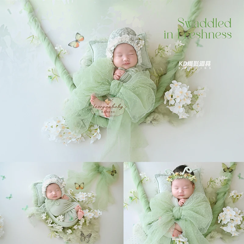 森の妖精新生児写真撮影用衣装-グリーンチュールスワドルラップとレースハット-ヘッドフラワー-乳児写真撮影用小道具-0〜1ヶ月用