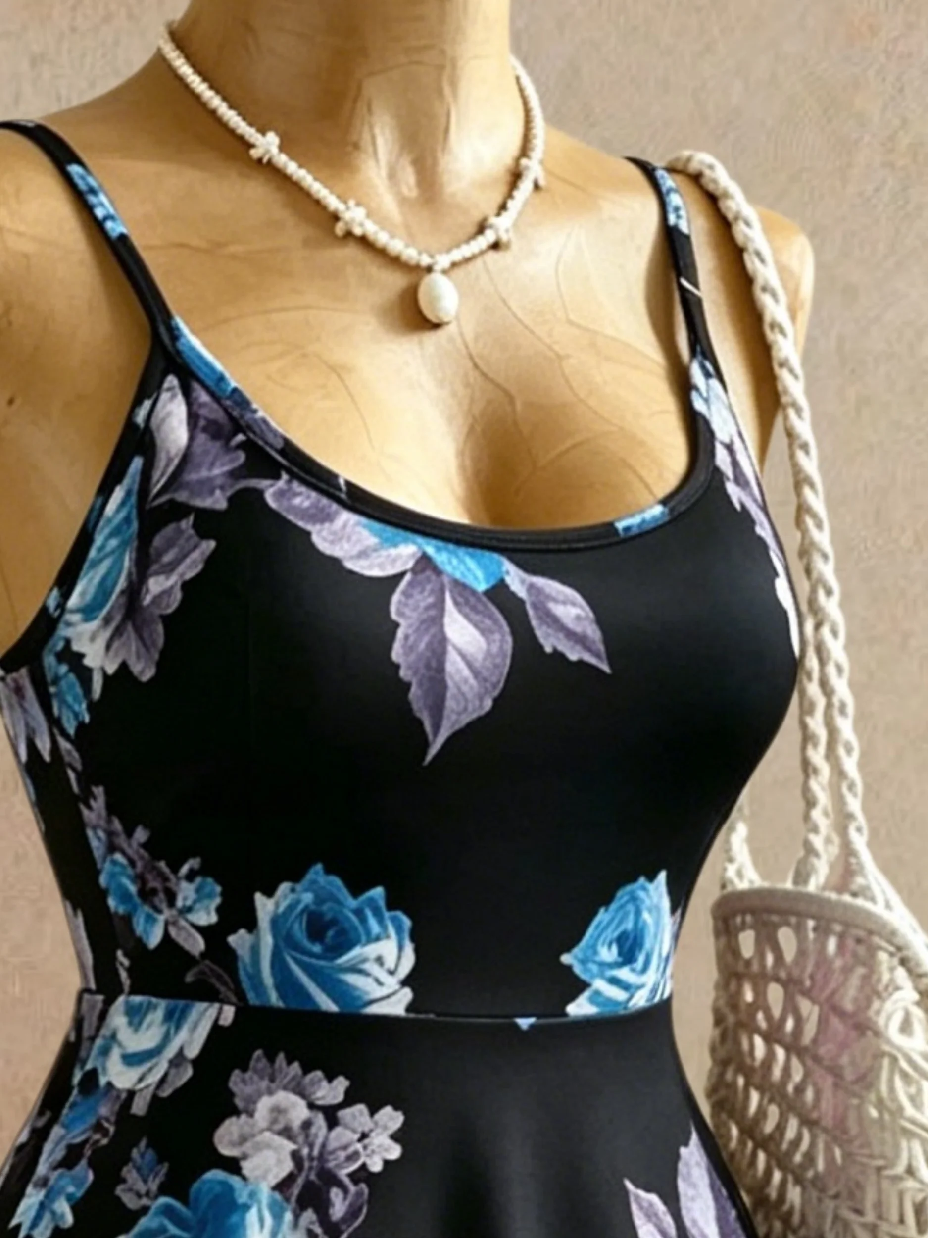 Plus Size Women Spaghetti Strap U Neck Blue Floral Print High Waist Swing Mini Dress 2026 Summer Y2K Black Background Sleeveless view 3