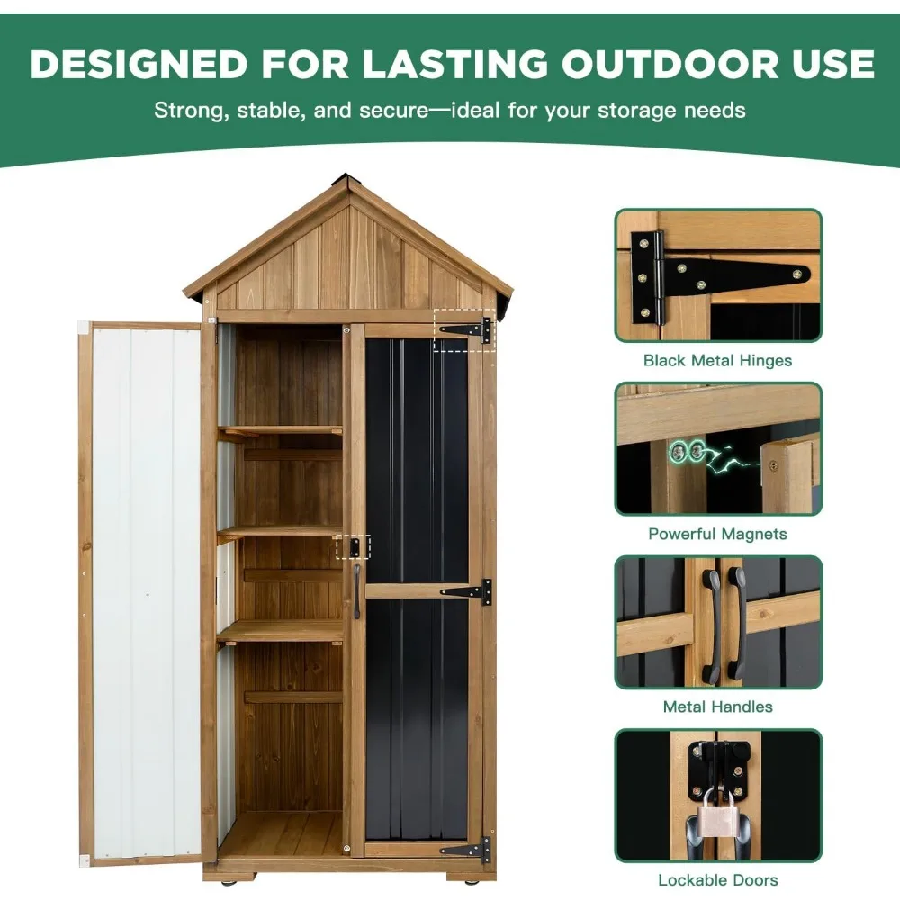 خزانة تخزين خارجية مقاومة للعوامل الجوية مع سقيفة معدنية وخشبية وأبواب قابلة للقفل وأرفف قابلة للتعديل وسقف متين لـ Secure S