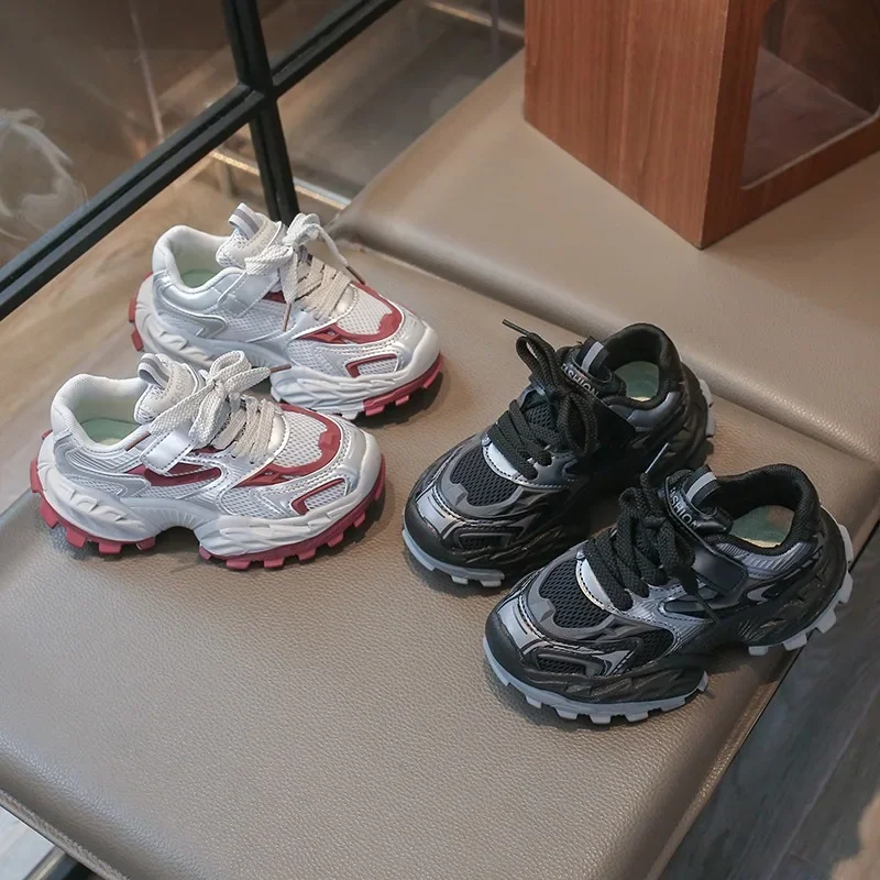 Kinder-Laufschuhe mit klobiger, robuster Sohle, Klettverschluss, atmungsaktivem Mesh-Obermaterial, rutschfest, für Outdoor-Sport, Sneaker für Jungen und Mädchen