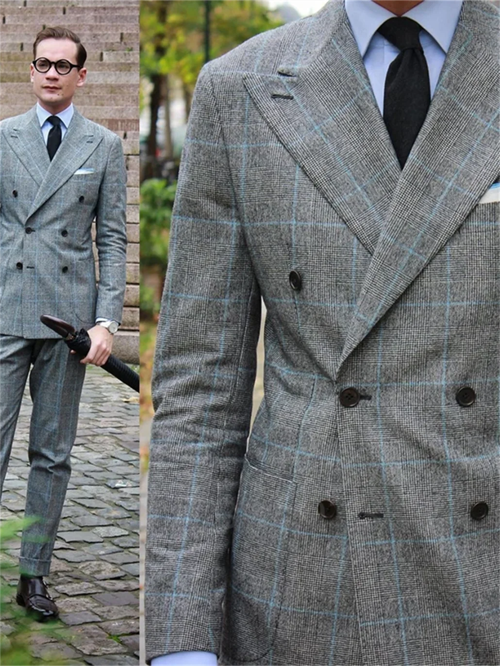 2 Piece Fashion Grey Plaid Suits Men‘’s Wedding Groom Tuxedo Business Blazer Slim Fit Daily Jacket Pants Costume Homme