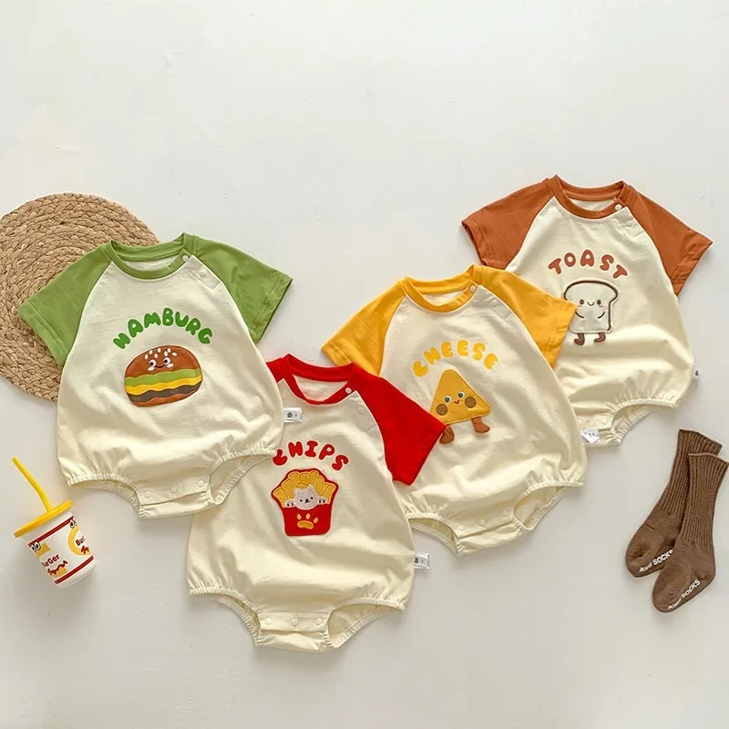 Summer Cute Cartoon Baby Triangle Jumpsuit Thin Style Newborn Boys and Girls Snap Button Soft Breathable Short Sleeved Clothes