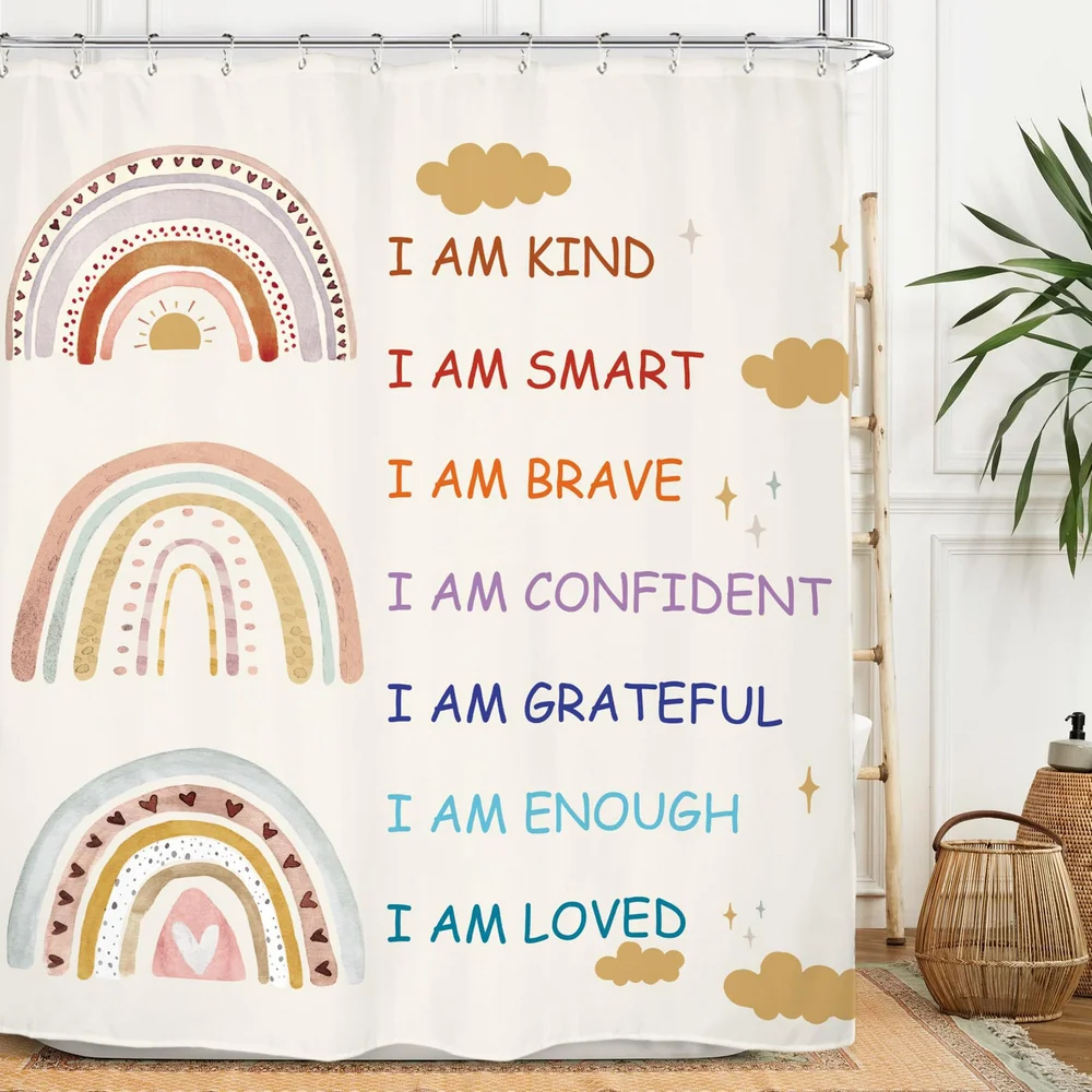 Cute Cartoon Dinosaur Alphabet Letter Print Shower Curtain ，Children's Bathroom Curtain Polyester Home Curtain With Hooks