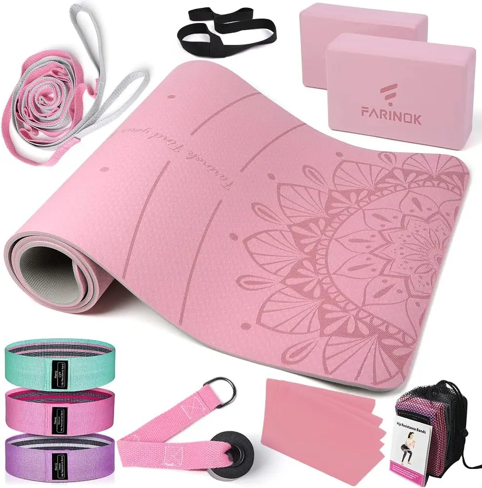 1/3 Yoga Mat Thick, Yoga Set for Beginners Include High Density Mat with Multi-loops Strap, Blocks, Booty Resistance Band Set, D