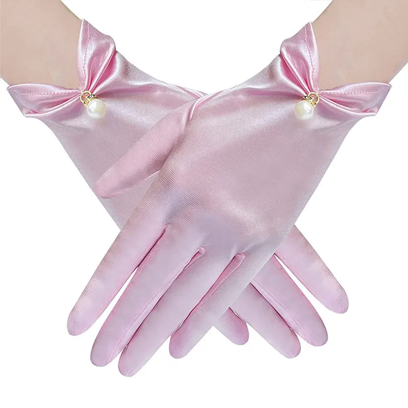 Satin Wedding Dress Bride Gloves Short Summer Sunscreen Full Finger Mittens Elegant Pearl Gloves Banquet Etiquette Accessories