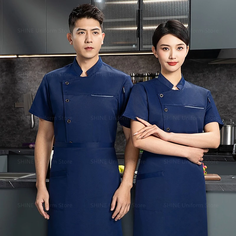 فندق المطبخ الطبخ معطف الصيف سترة الطاهي المئزر رئيس قصيرة الأكمام الشيف موحدة الرجال معطف الشيف الأسود شعار مطعم الملابس