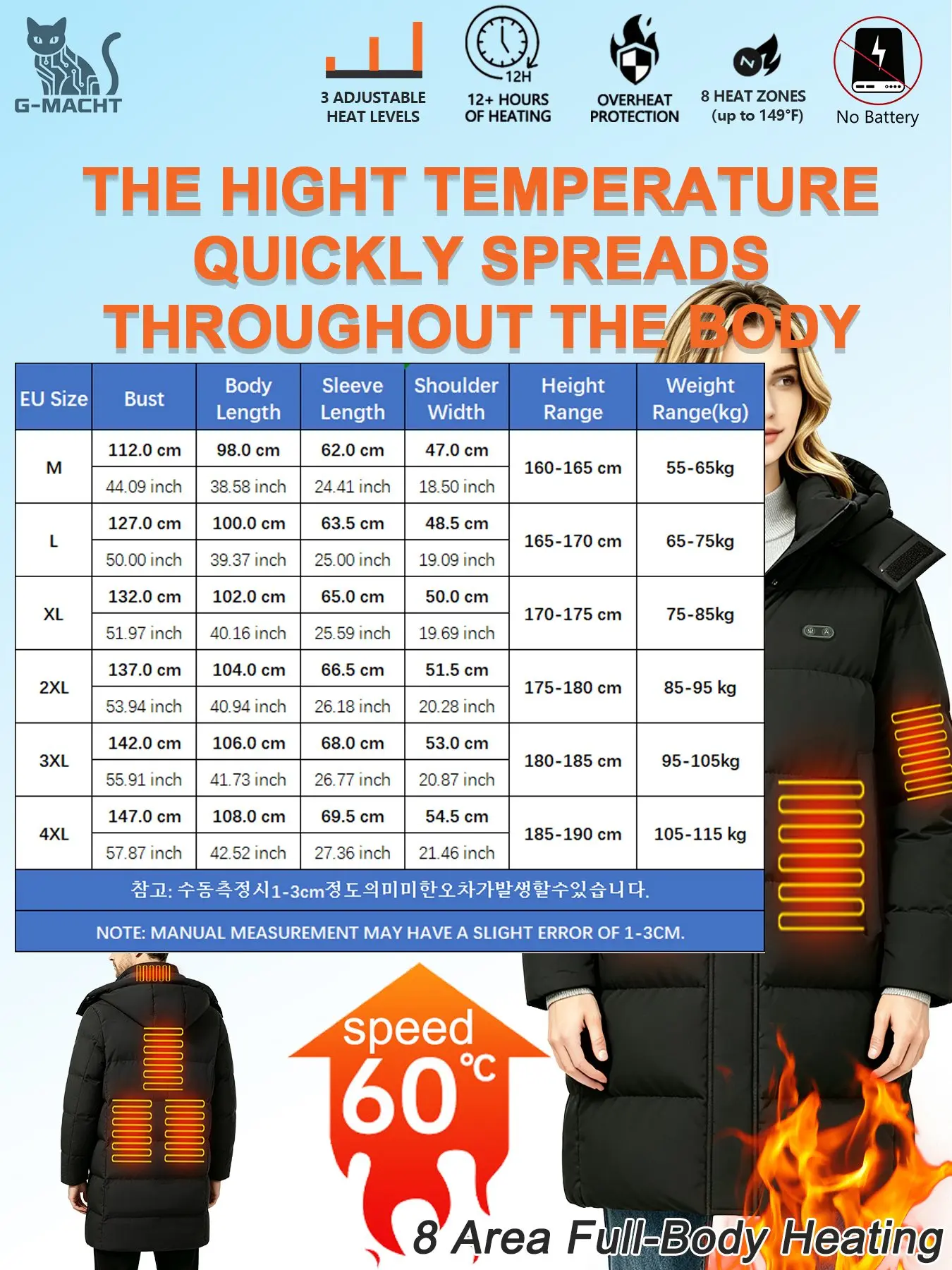 Men Women Heated Long Coat 8 Heating Zones Dual Control USB Electric Heating Jacket Winter Outdoor Warm Thermal Overcoat Parka