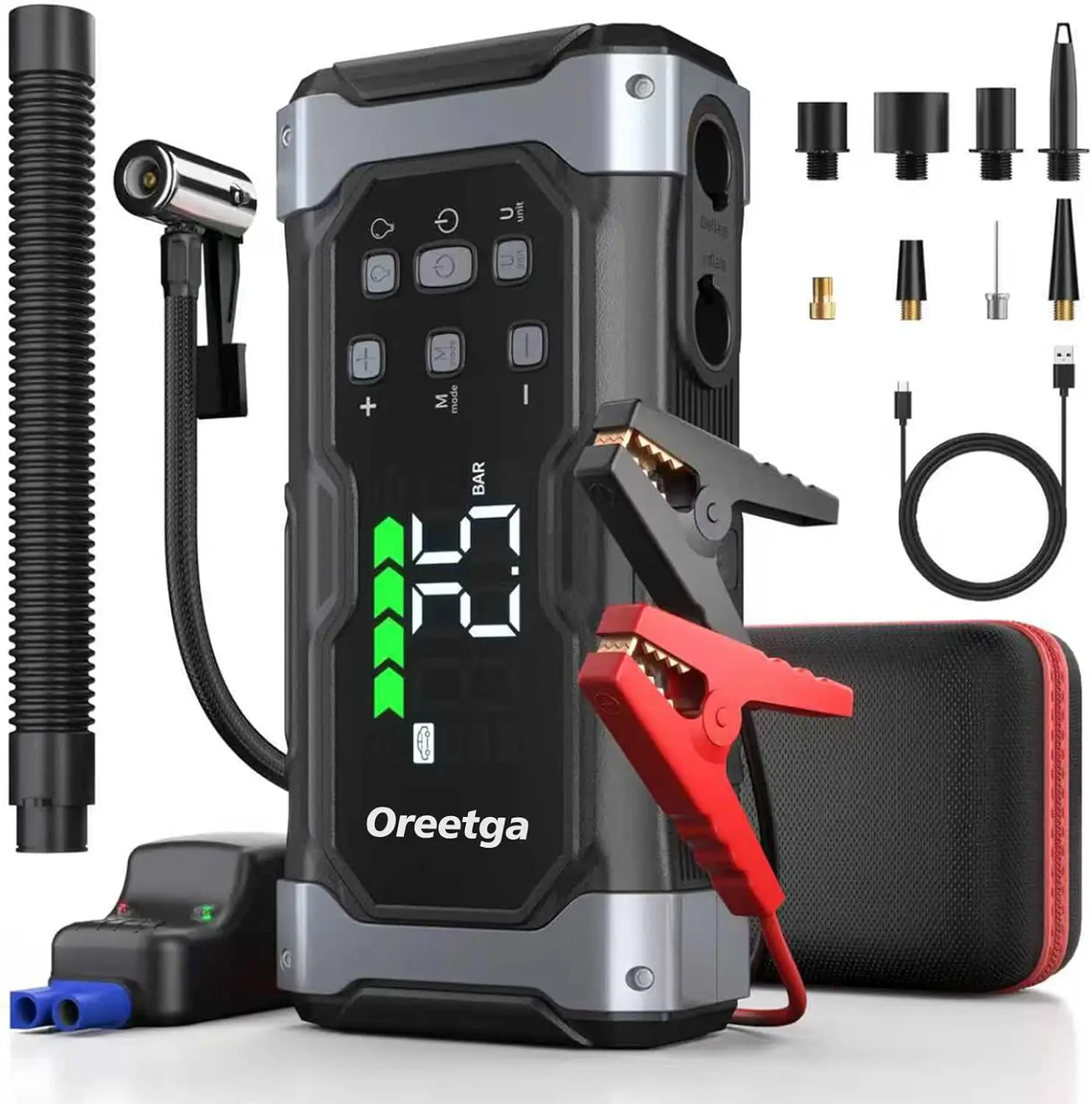 

Upgraded 9-in-1 Car Jump Starter with Air Compressor, Portable Power Pack for All Gas and 14L Diesel Vehicles