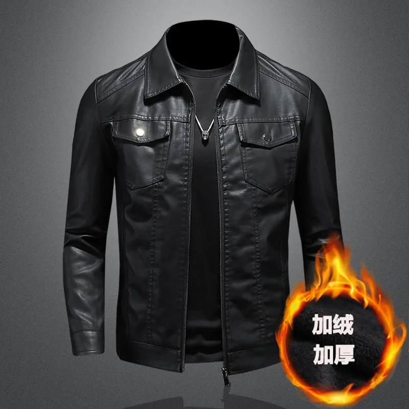 Men\'s Motorcycle Leather Jacket Large Size Pocket Black Zipper Lapel Slim Fit Male Spring and Autumn High Quality Pu Coat M-5Xl