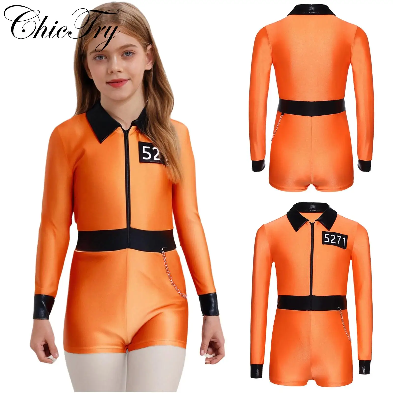 

Kids Girls Prisoner Costume Convict Cosplay Romper Long Sleeve Waist Side Chain Shorts Jumpsuit for Halloween Carnival Dress Up