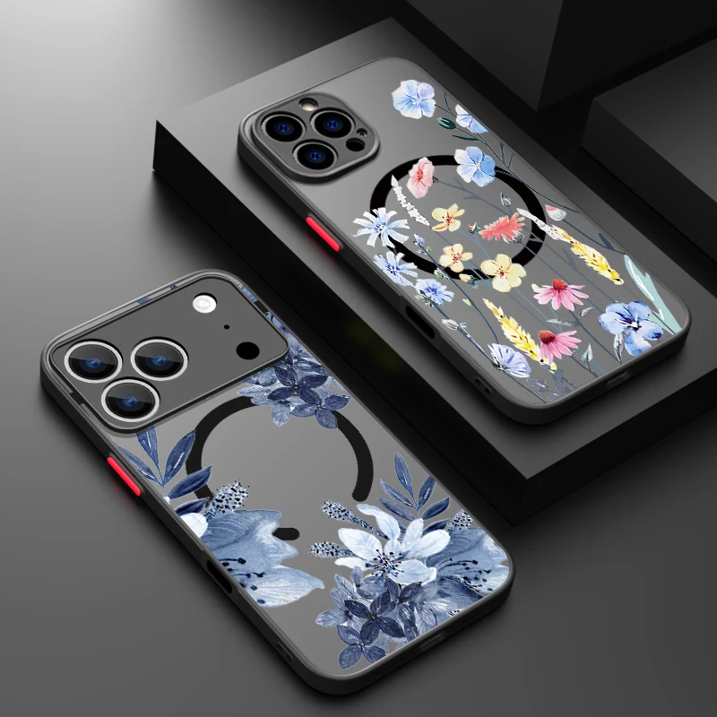 Bunte Blumen magnetische Handyhülle für iPhone Air 16e 17 16 15 Pro Max 14 13 12 Pro 11 16 Plus stoßfeste Acryl matte Abdeckung