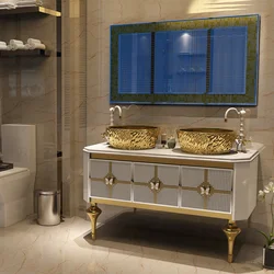 Luxury Golden Floor Standing Mirror Cabinets Single Sink Stainless Steel Bathroom Vanities