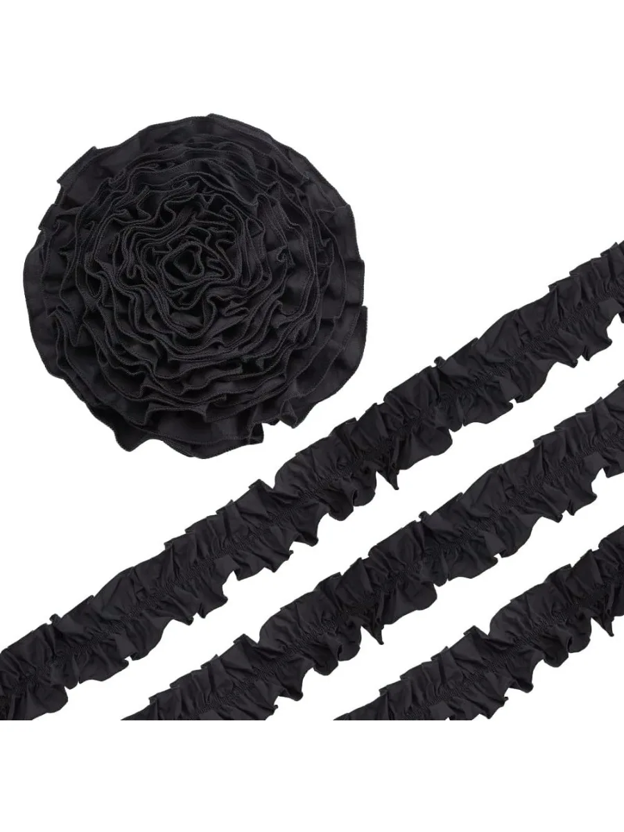 5Yards Double Ruffle Ribbon Trim 3.1inch Wide Black Pleated Chiffon Trim Vintage Ruffle Lace Trim Polyester Ruffled Trimming