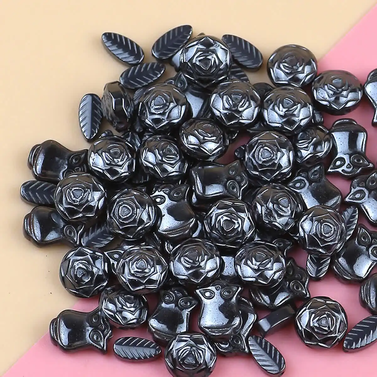 ZHBES Schwarze Hämatit-Perlen, Naturstein, Schnitzerei, Werke, Rosen, Eulen, Blätter, lose Perlen für Schmuck, Armbänder, DIY-Ergebnisse
