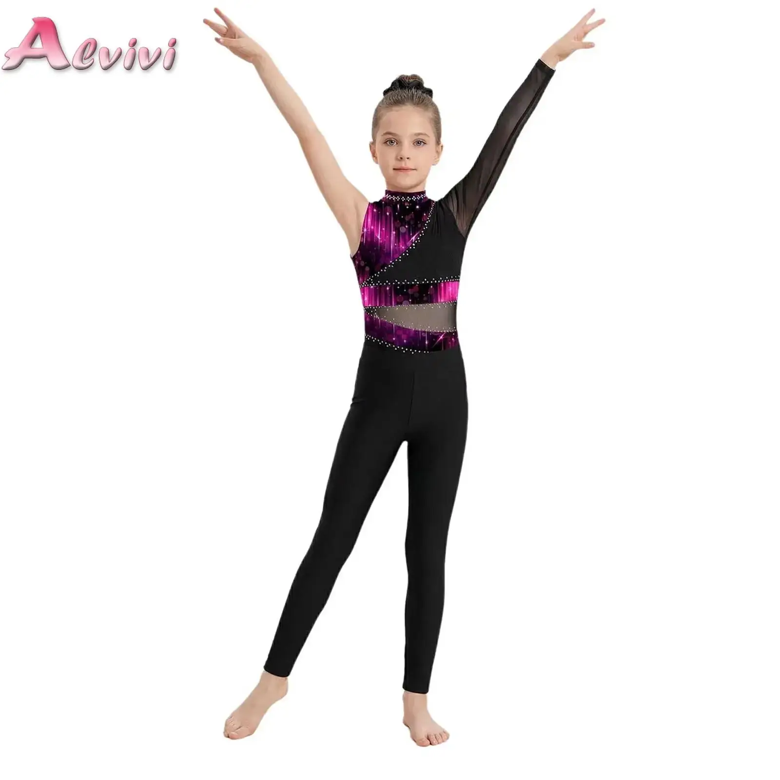 

Girls Gymnastic Outfit Asymmetric Sleeve Rhinestones Leotard with Shorts Long Pants Hair Tie Sets for Sports Gymnastic Workout