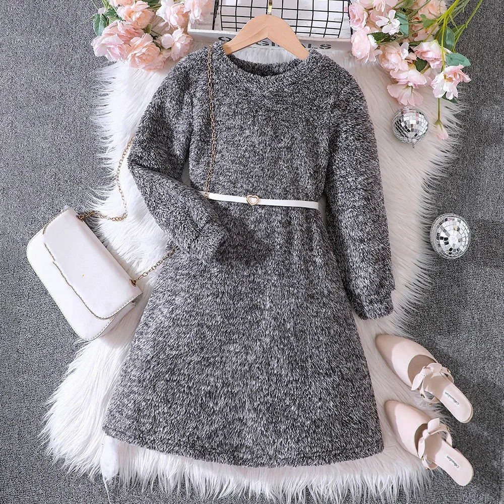 

Laura Kors 2023 Winter New Girls Dress Velvet Long Sleeve O Neck Sashes Gray Pink Sweet Baby Girls Dress Vestido 4-12T