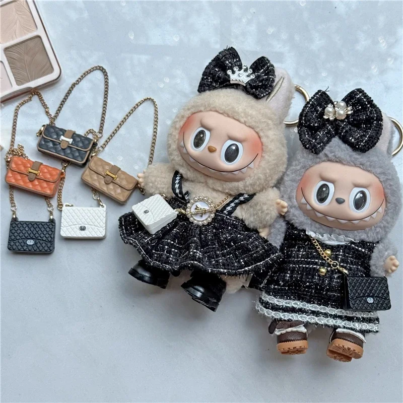 15 17 cm Voor Labubu Pop Hoge Kwaliteit Kleding Raster Stijl Kleine Geur Jurk Kleding Luxe Tas CryBaby Zitten Party serie