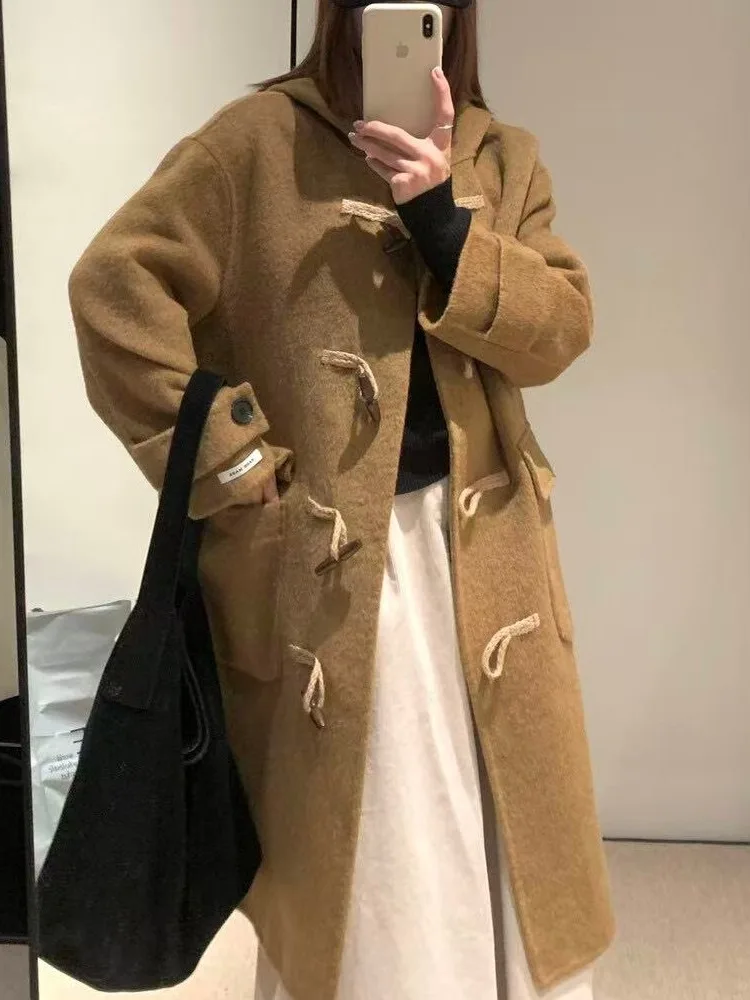 

Retro Buttoned Hooded Mid-Length Slimming Woolen Coat Women's Korean Aosphere College Sle Tweed Jaet Trendy