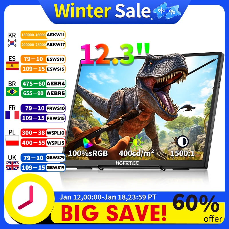 

HGFRTEE 12,3-дюймовый портативный монитор 3:2 400Cd/m2 100%sRGB второй экран игровой расширенный дисплей для Mac Phone PS5 Xbox Switch