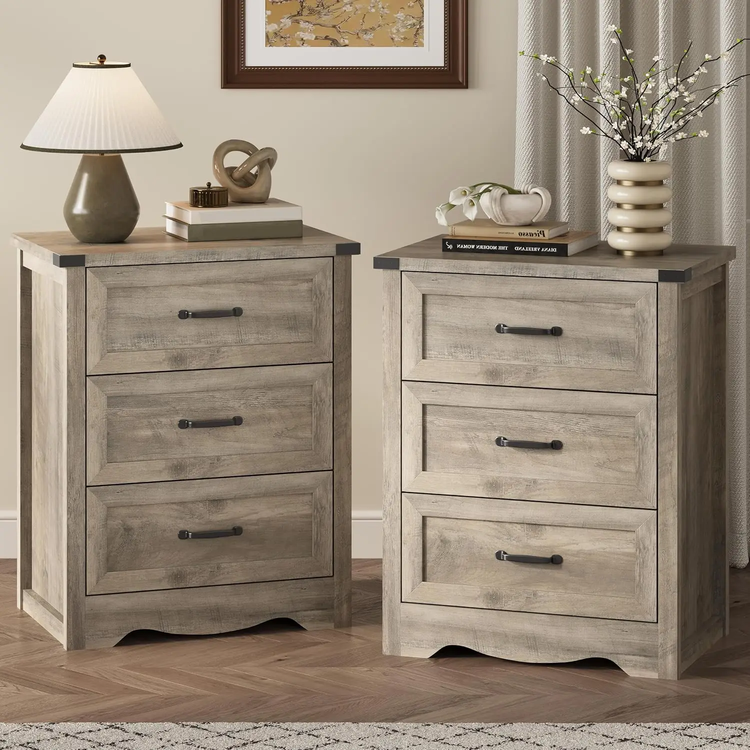 Pair Gray Nightstands Three Drawers Tall End Table