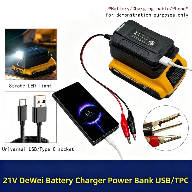 For DW 21V Battery Chargers Adapter for DW 21V Battery with Alligators Clip, USB C and Direct Current Output, Build-In Work D2RD