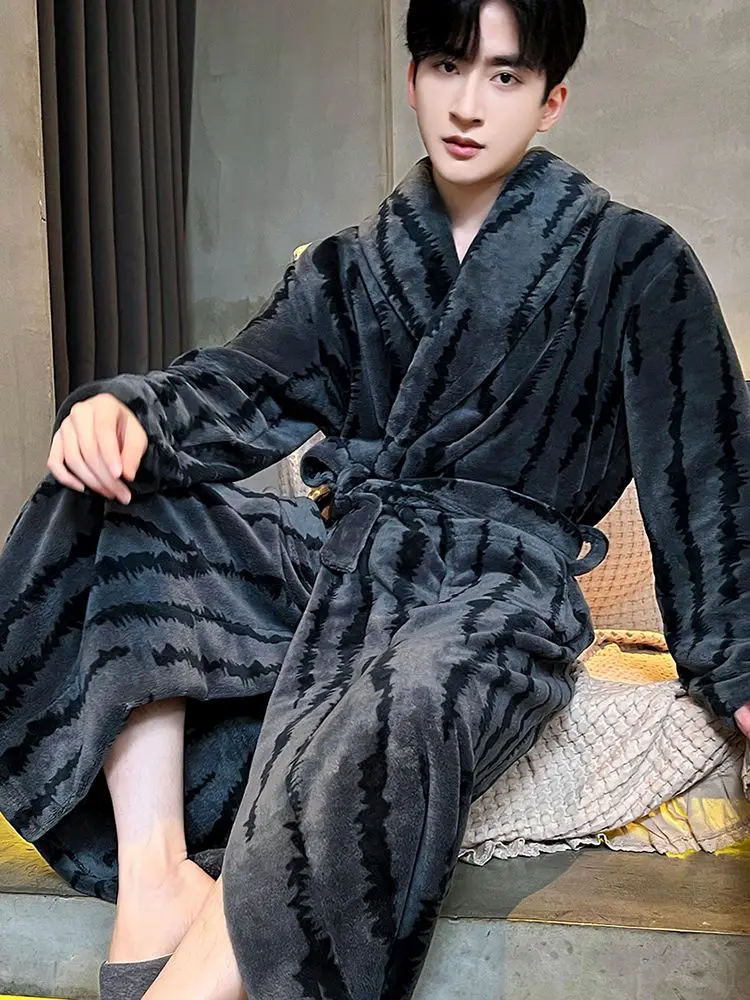 Zebra Stripes Robe for Men Sleepwear Belt Bathrobe Winter Night Wears Warm Fleece Pajama One Piece Nightgown Homewear 2024 New