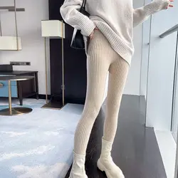 Knitted Leggings for Women Outerwear Slim Warm Autumn Winter Women's Ankle Length Pants High Waist Solid Color Strips Leggings