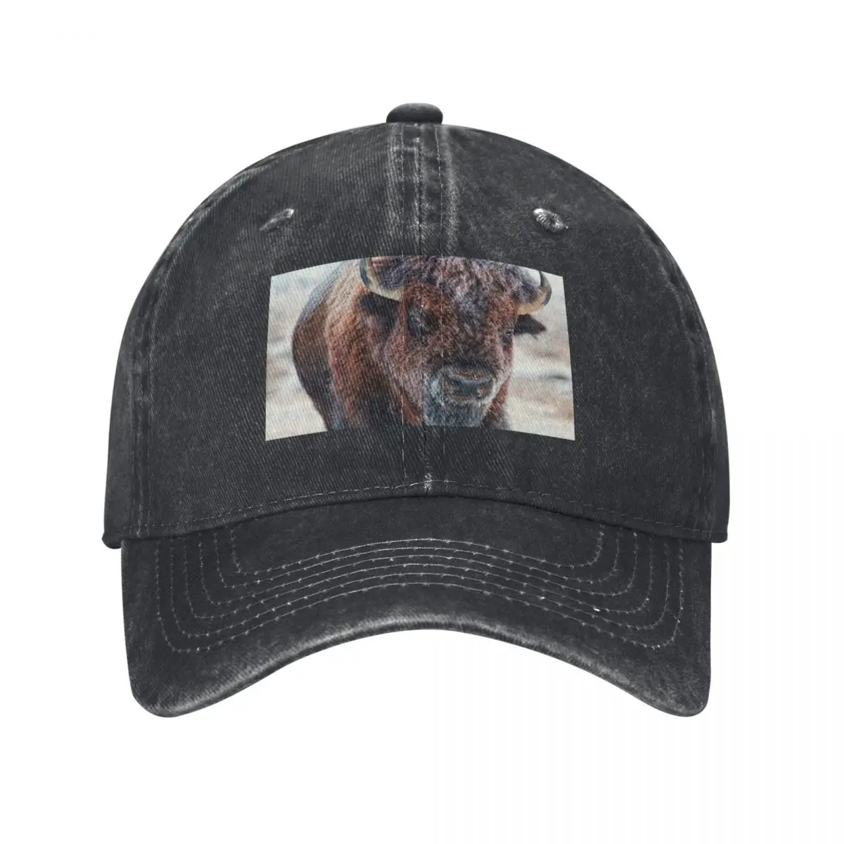 

A snow-covered American Bison Roams Yellowstone National Park Baseball Cap hiking hat Hip Hop Mens Caps Women's