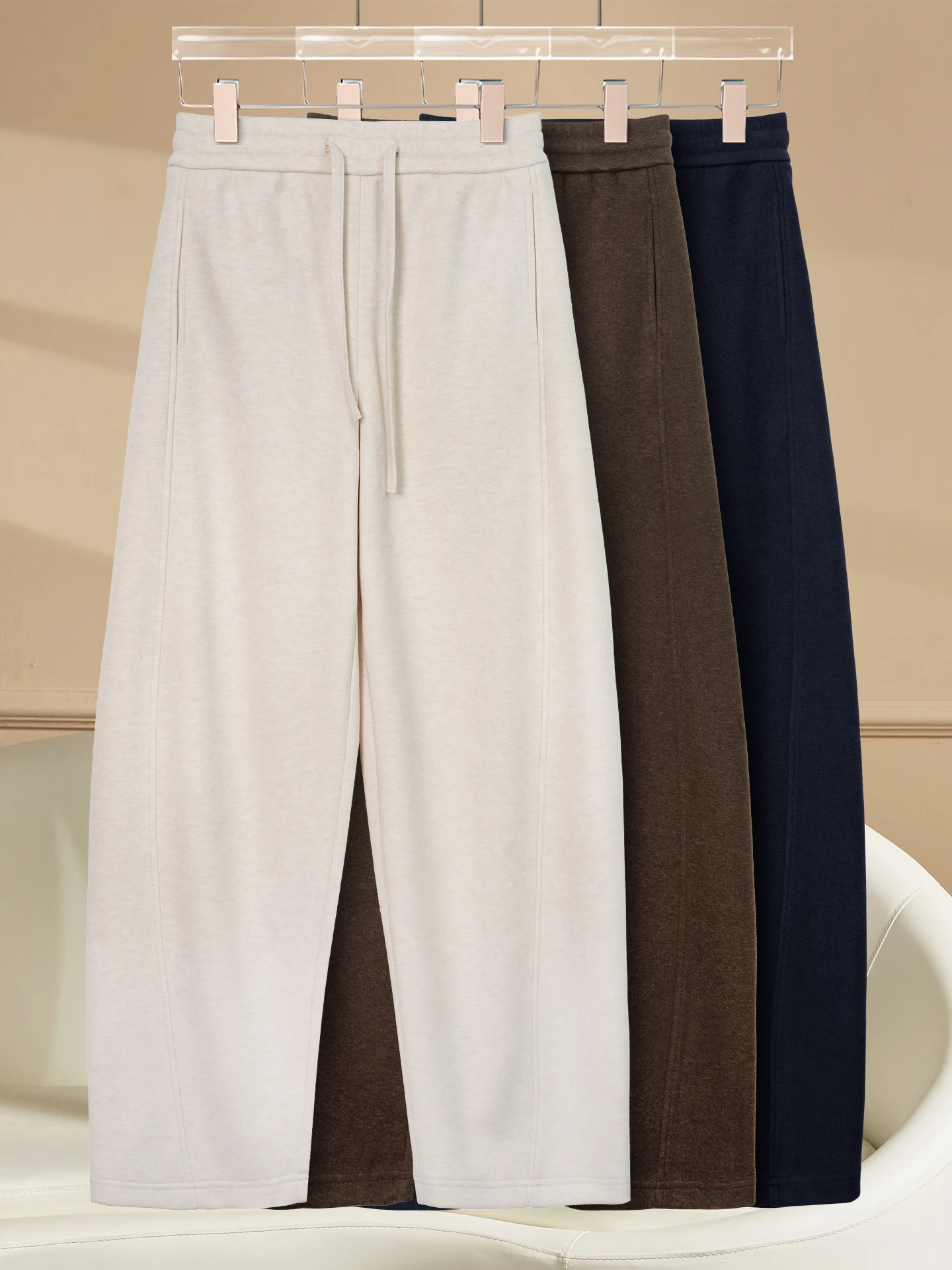 

Women's Fleece Lined Woolen Wide Leg Pants Casual Banana Shape Autumn Winter New Style High Waist Trousers for Ladies