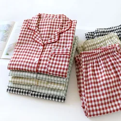 Conjunto de pijama xadrez masculino e feminino, 100% algodão, manga comprida, roupa de casa com 2 peças, casal, japonês, primavera, outono, novo, 2022