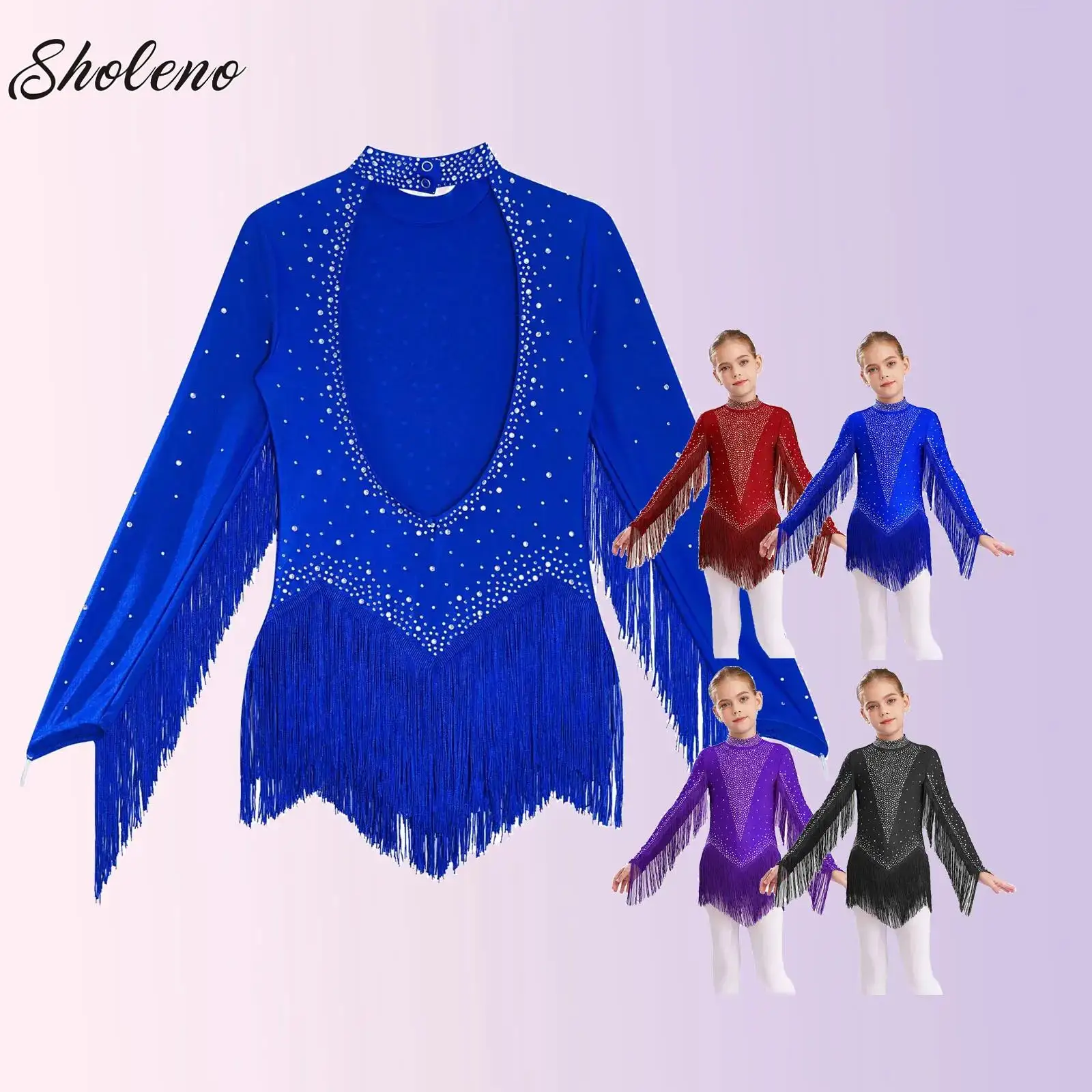 

Kids Girl Tassel Latin Dance Practice Costume Gymnastics Bodysuit Figure Skating Wear Children Rhinestones Fringed Leotard Dress