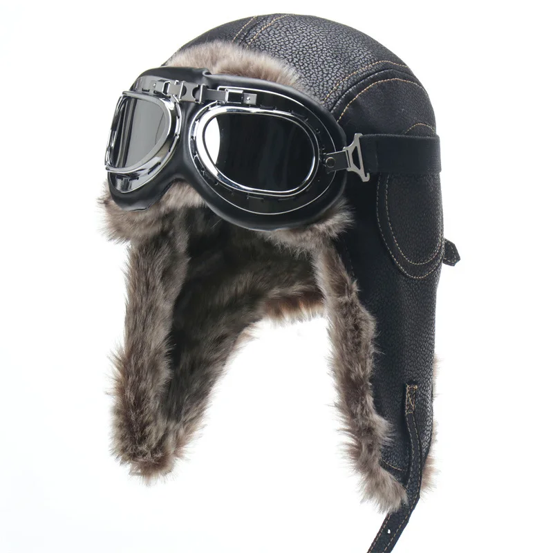 Earflap Ushanka Warm Fur Hat Leather Army Helmet Bomber Men Trapper Pilot Aviator Costume Cap With Goggle Soviet For Women