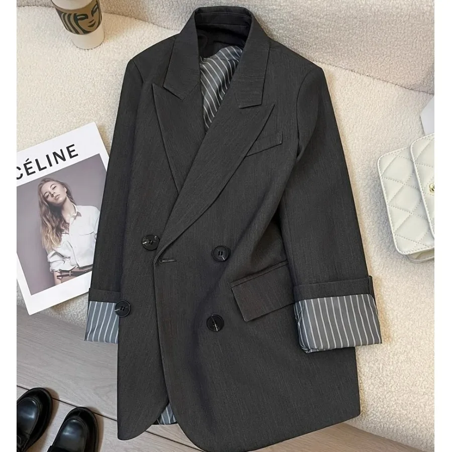 Gray Stripe Sleeve Suit Jacket Women's Fashionable Korean Style High-Quality Versatile Spring Autumn New Arrival