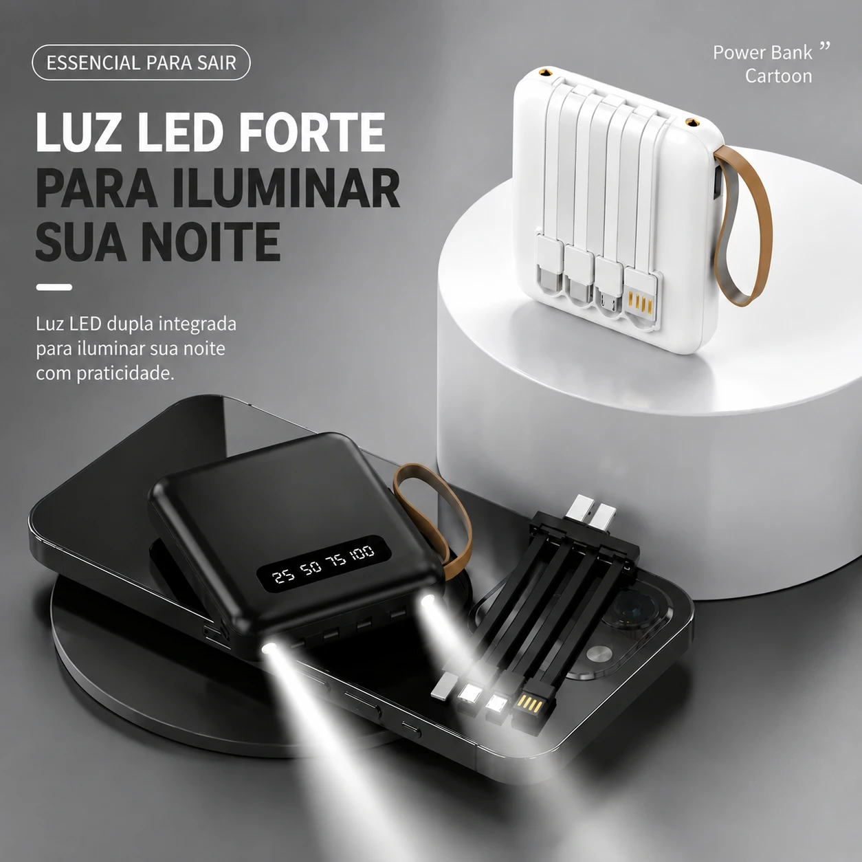 Carregador Portátil 10000mAh Com 4 Cabos De Carga Rápida Banco De Energia Com Display LED Digital