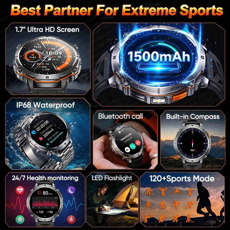 New Men's Military Smartwatch 150 Days Battery/Flashlight/IP68K/Compass/Motion trajectory/Bluetooth Call Durable fitness Watches