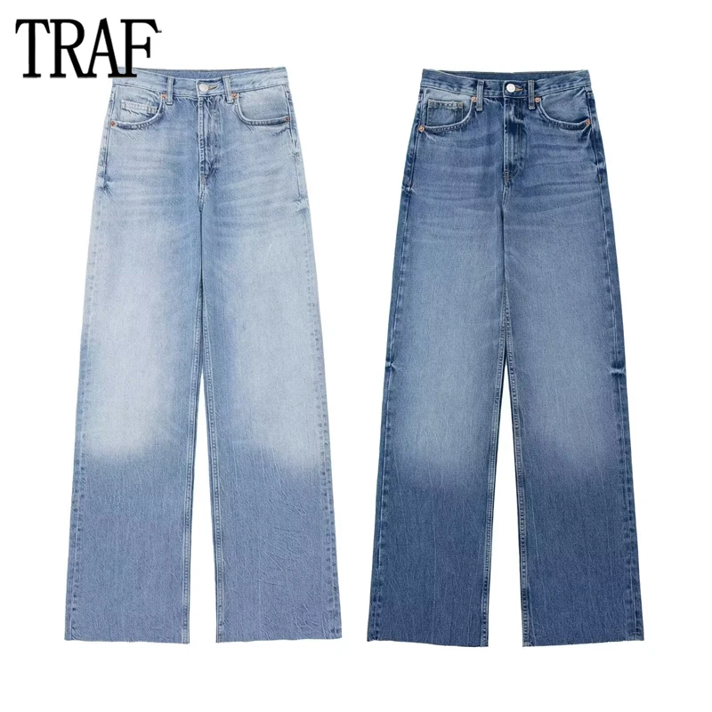 TRAF 2024 Blue Baggy Jeans for Women Wide Leg Denim Pants  Women Spring High Waist Woman Jeans Streetwear Basic Trousers Womens