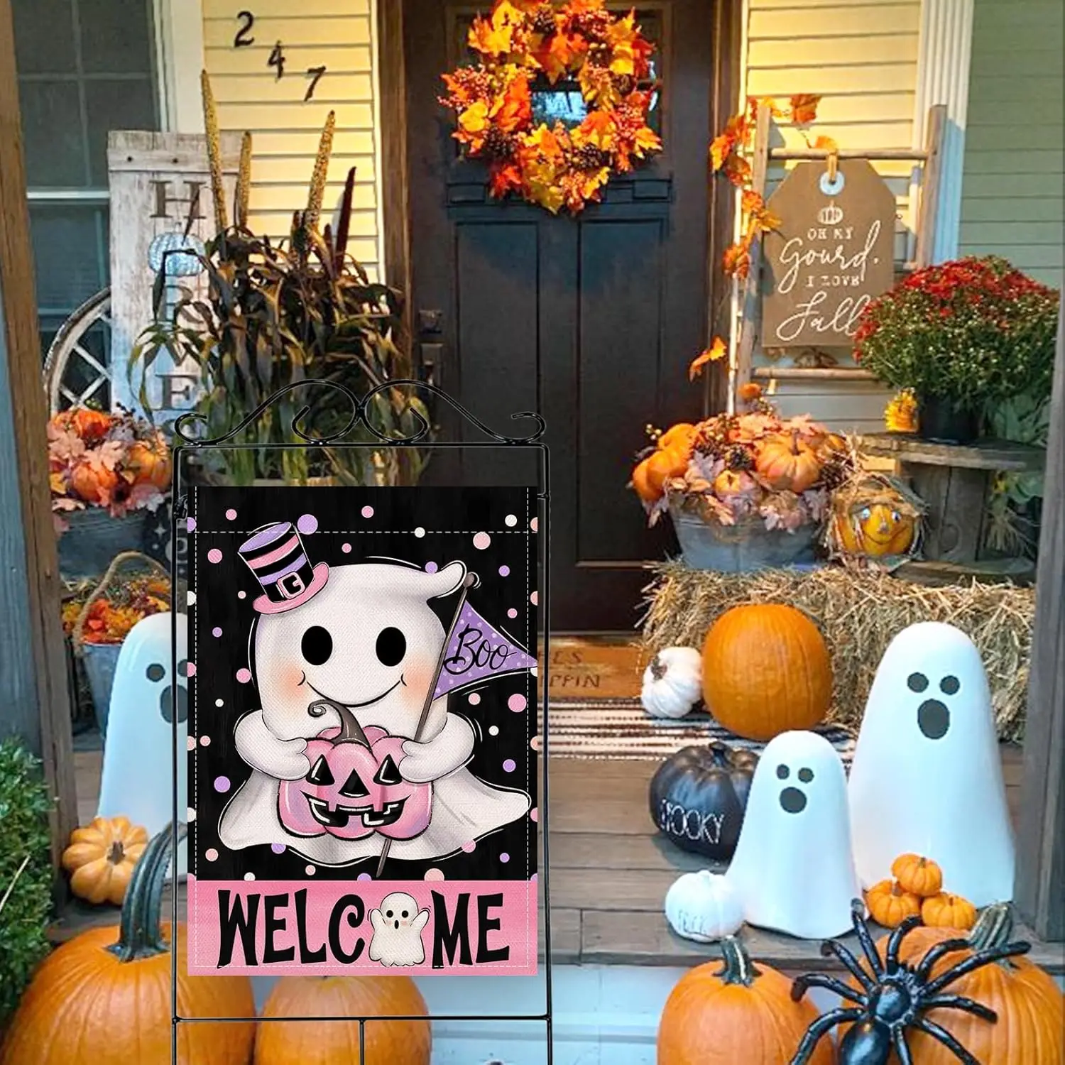 Artofy Welcome Halloween Spooky Ghost Boo Large Decorative House Flag, Pink Jack O Lantern Pumpkin Polka Dot Yard Garden Out UUN