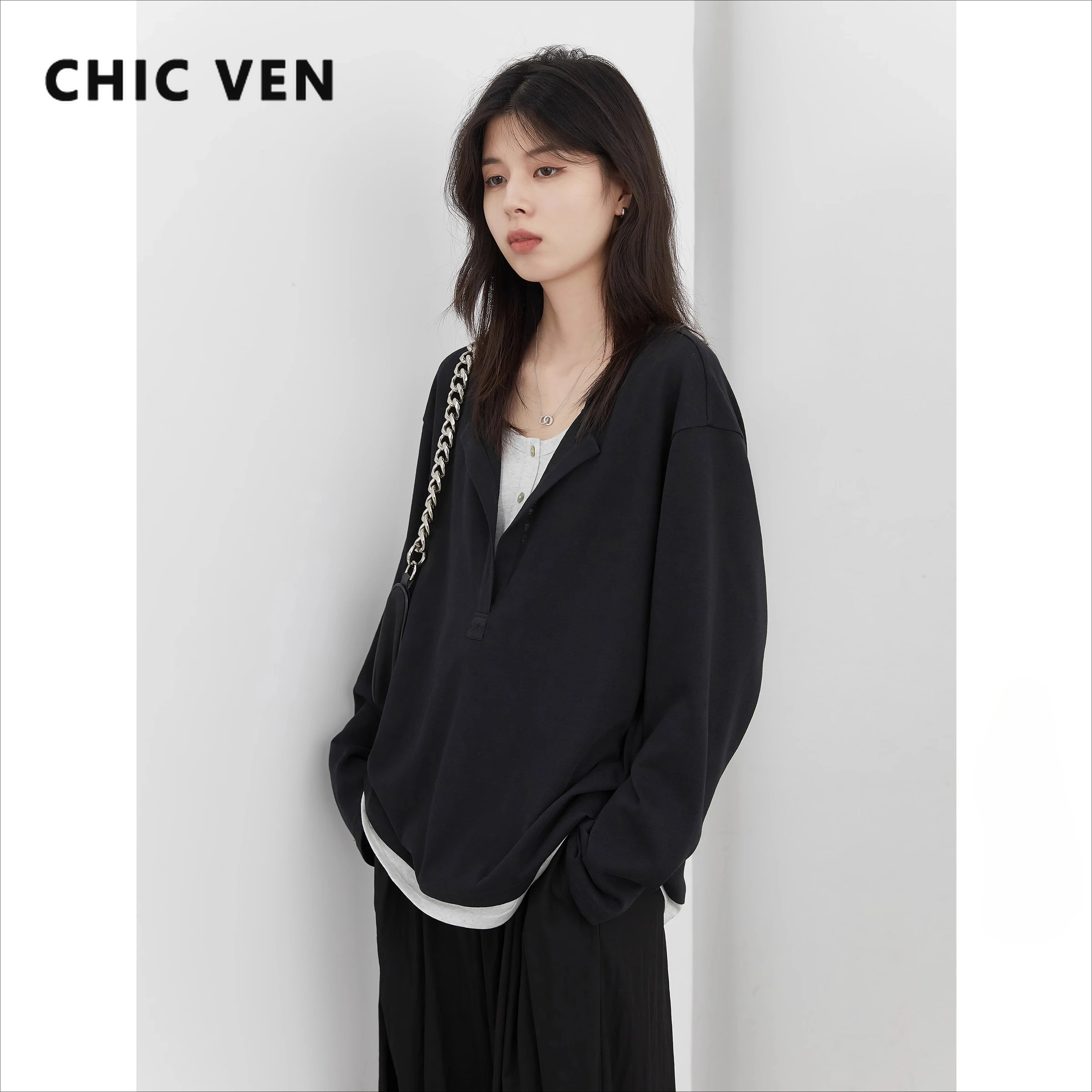 CHIC VEN Korean Women T-Shirts Loose New Casual Contrasting Knitted Tees Long Sleeved Female Tops Pullover Spring Autumn 2025